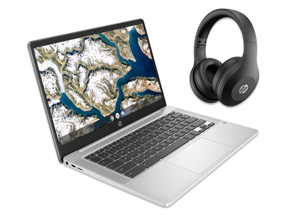 HP Chromebook 14-inch laptop with headphones on a white background.