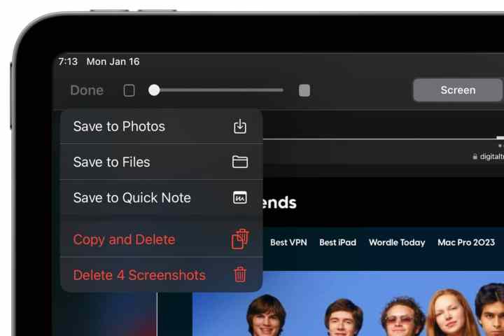 Options for saving a screenshot on an iPad.