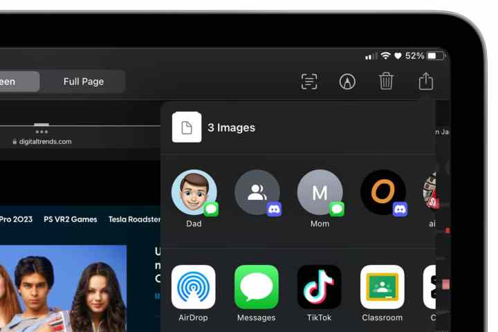 Options for sharing a screenshot on an iPad.