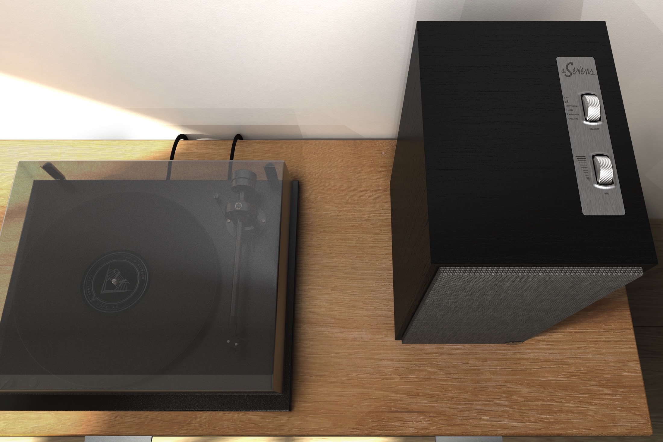 Klipsch The Sevens in ebony finish next to a turntable.