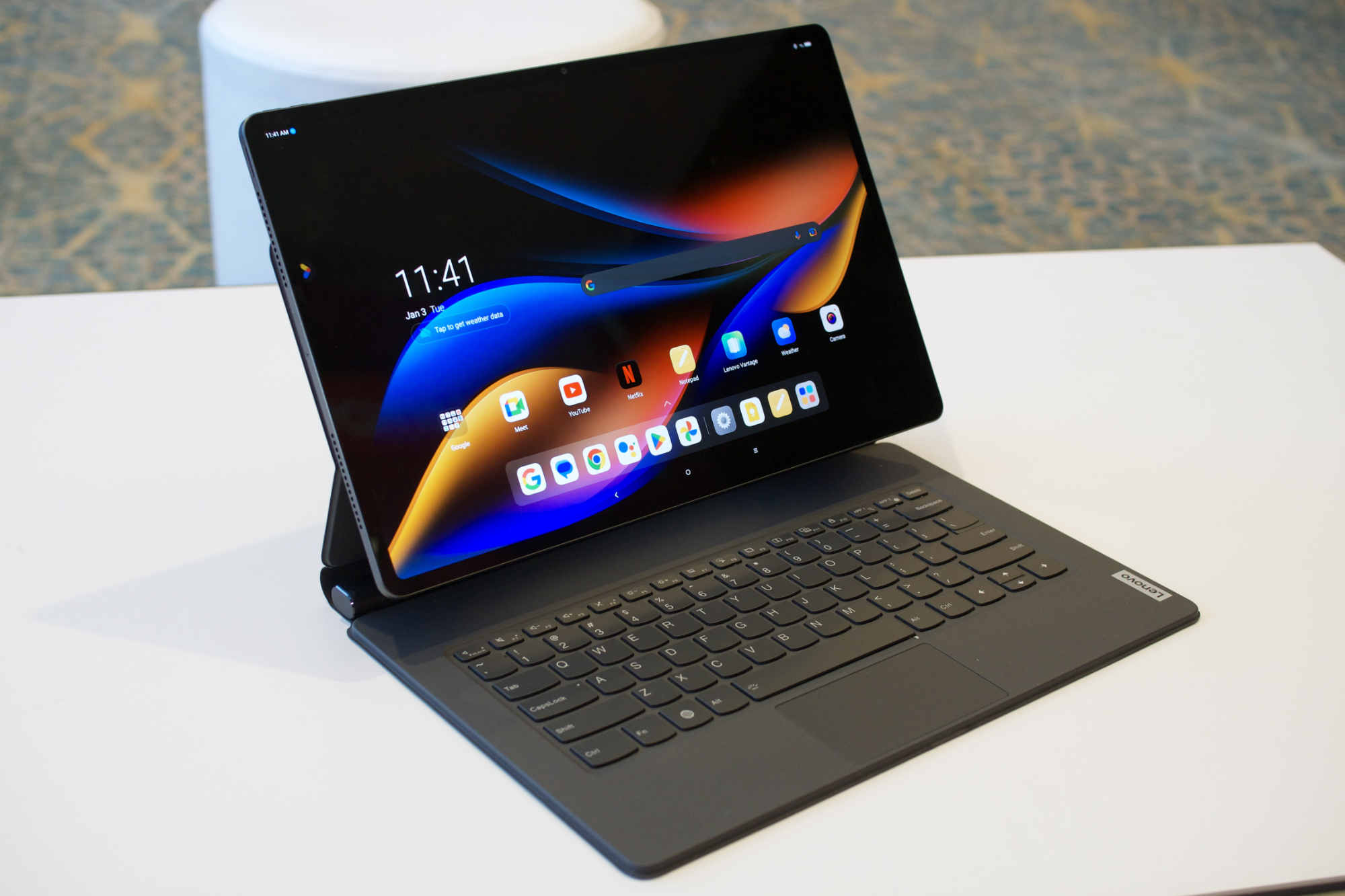 The Lenovo Tab Extreme in its keyboard dock accessory.
