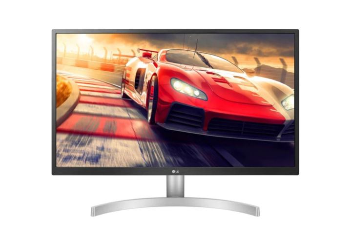 The 27-inch 4K show from LG displaying a racing video game.