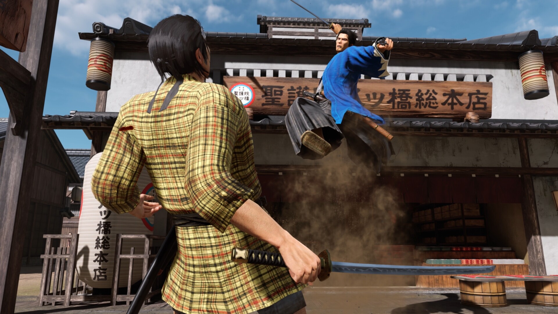 Um samurai salta no ar em Like a Dragon: Ishin!