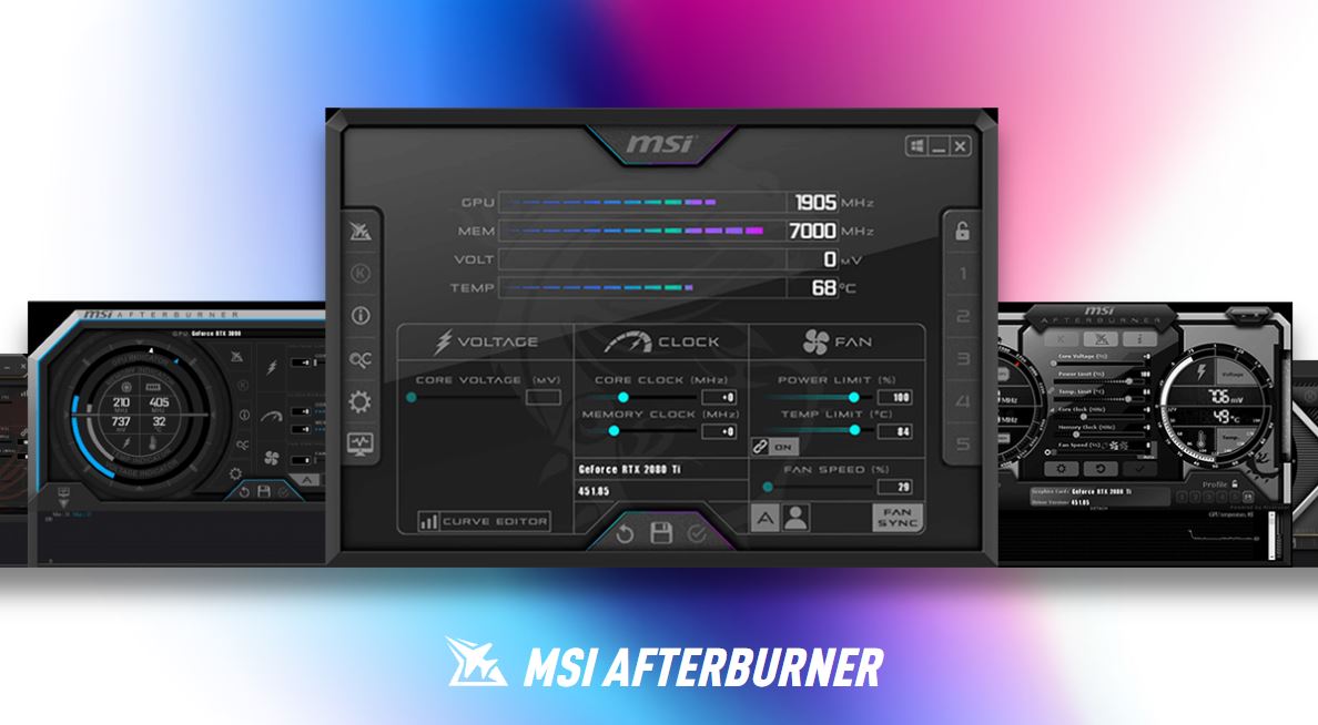 रंगीन पृष्ठभूमि पर MSI आफ्टरबर्नर का स्क्रीनशॉट।