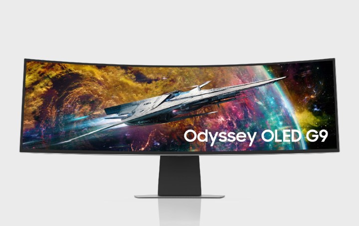 The Samsung Odyssey OLED G9 on a gray background.