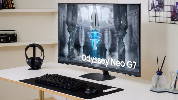 Samsung's Odyssey Neo G7 on a desk.