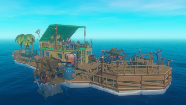 A player-built-raft in the Ocean in Raft.