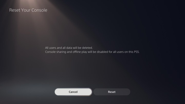 Reset system screen in PS5.