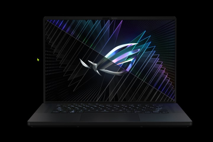 The Asus ROG Zephyrus G16 front view shows the screen and keyboard deck.