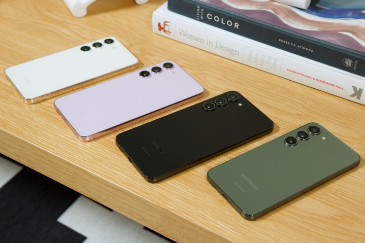 The Samsung Galaxy S23 in all four colors.