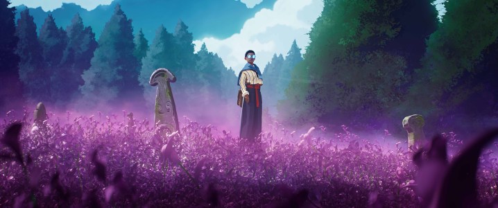 The main character of Season: A Letter to the Future stands in a field of purple flowers.