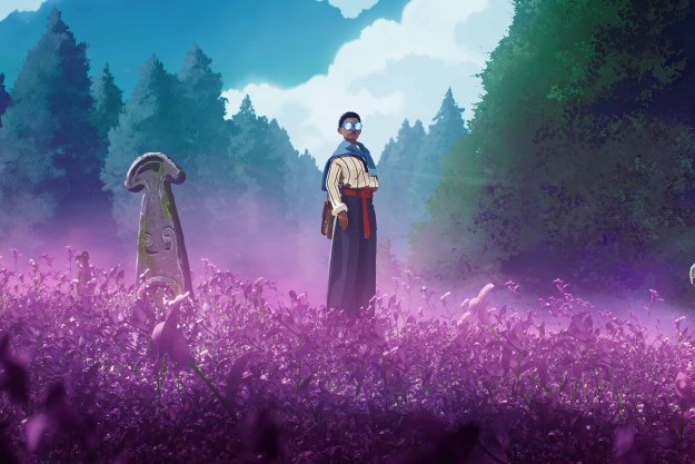 The main character of Season: A Letter to the Future stands in a field of purple flowers.