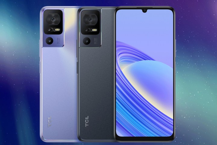 TCL 40 SE smartphone in black and purple.