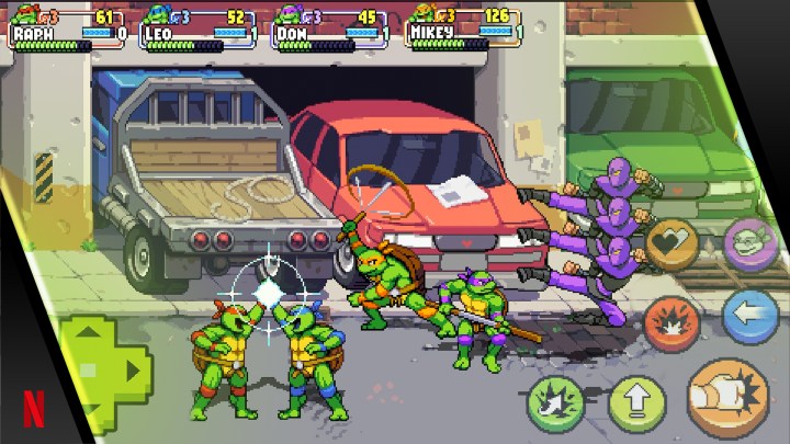 Turtles high five in Teenage Mutant Ninja Turtles: Shredder's Revenge on mobile.