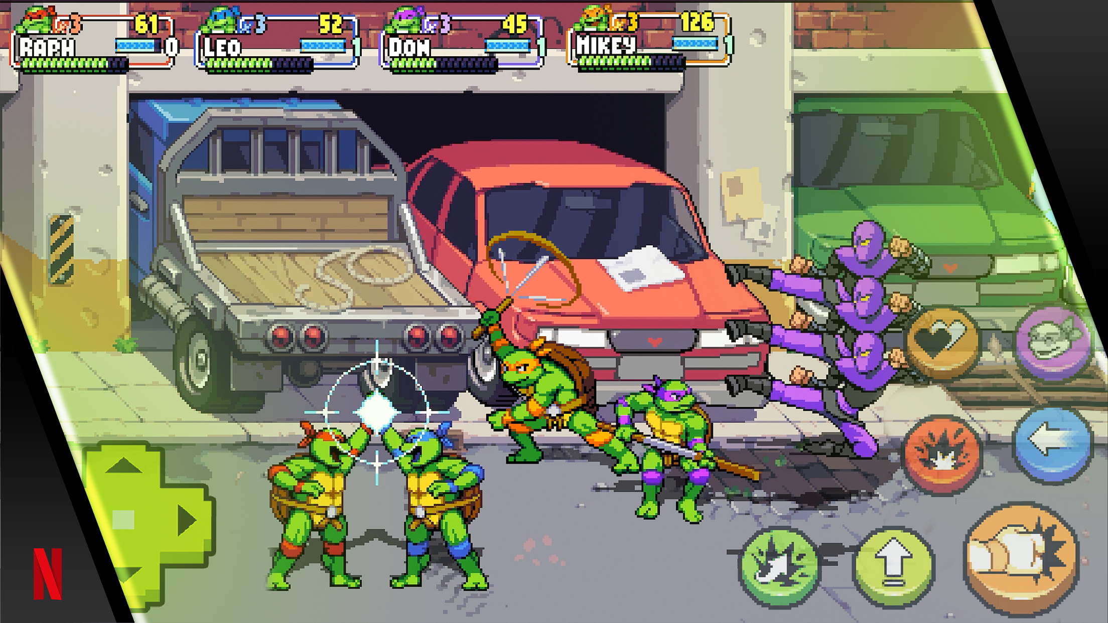 Las Tortugas chocan los cinco en Teenage Mutant Ninja Turtles: Shredder's Revenge para dispositivos móviles.