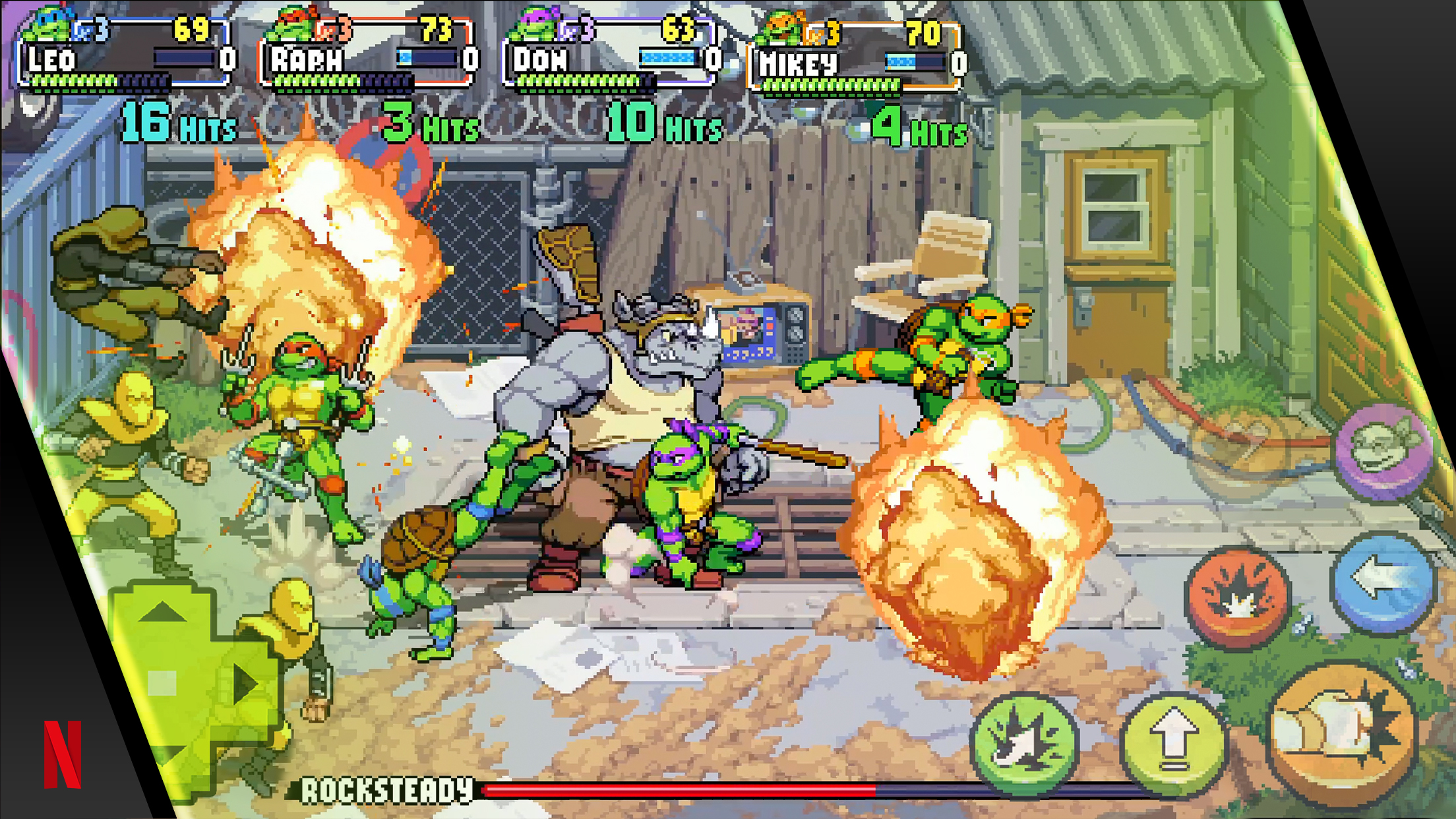 Tartarugas lutam contra Rocksteady em Teenage Mutant Ninja Turtles: Shredder's Revenge no celular.