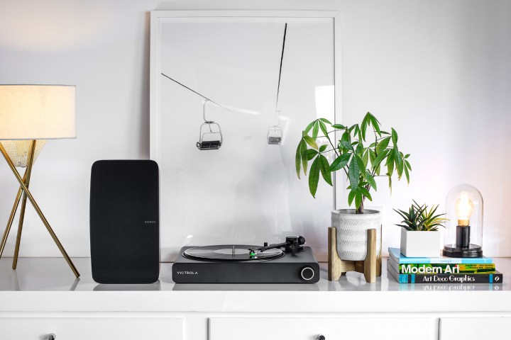 The Victrola Stream Onyx Sonos-ready turntable with a Sonos Five.