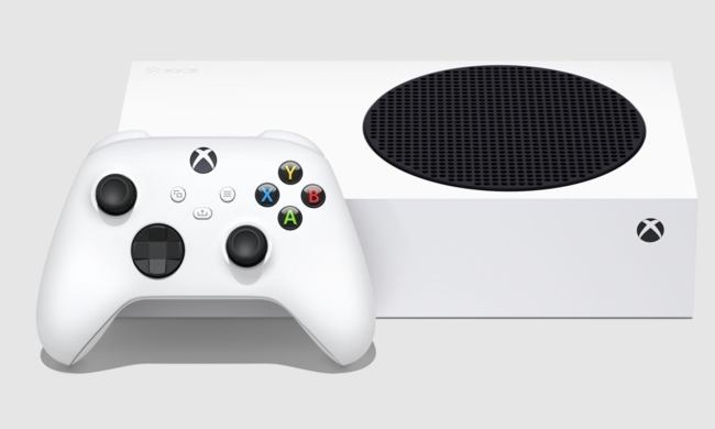 The Xbox Series S console on its side with controller.