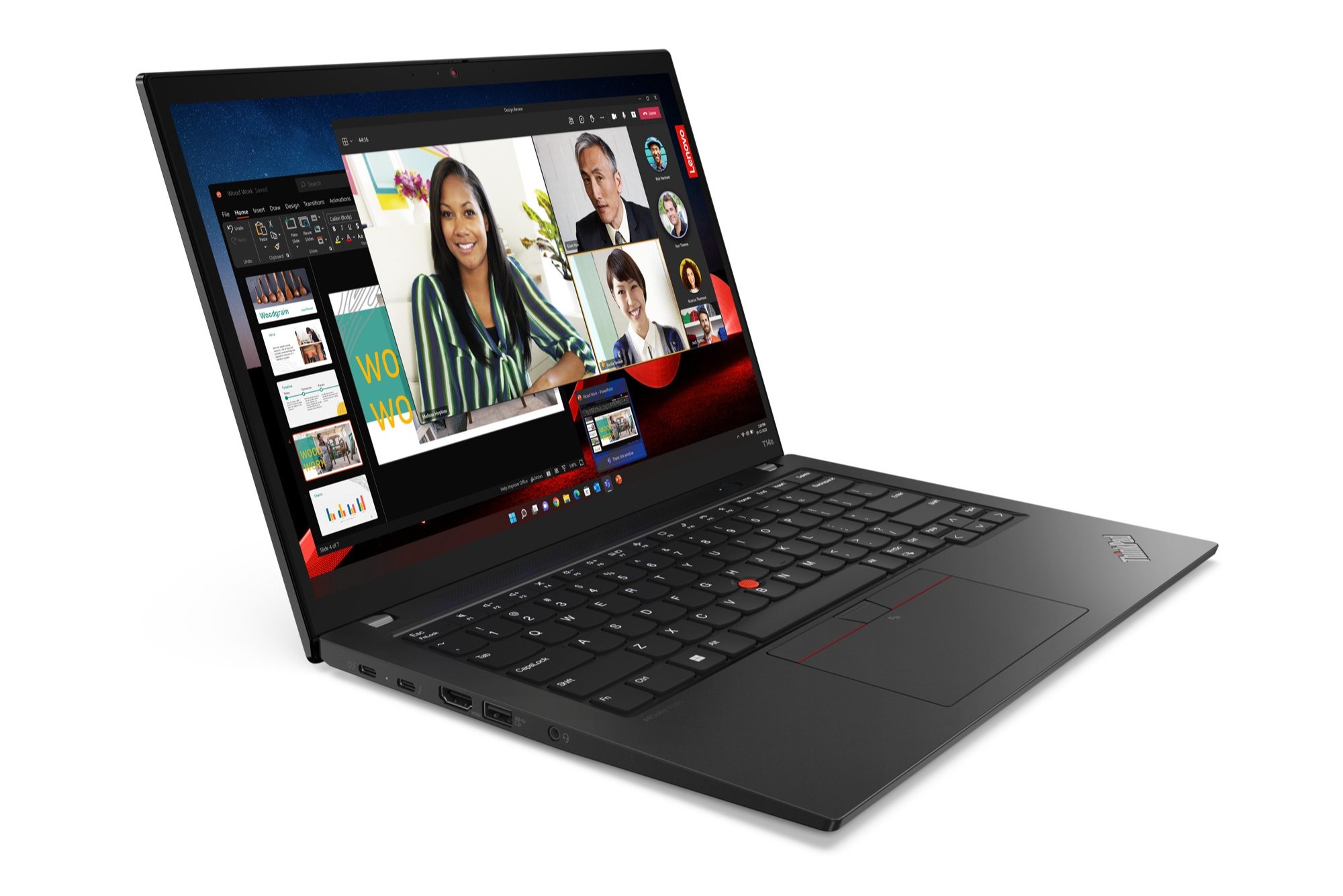 ThinkPad T14 সাদা পটভূমিতে সামনের দৃশ্য বাম।