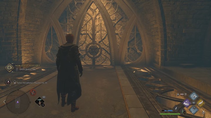 A wizard standing in front of a gate.