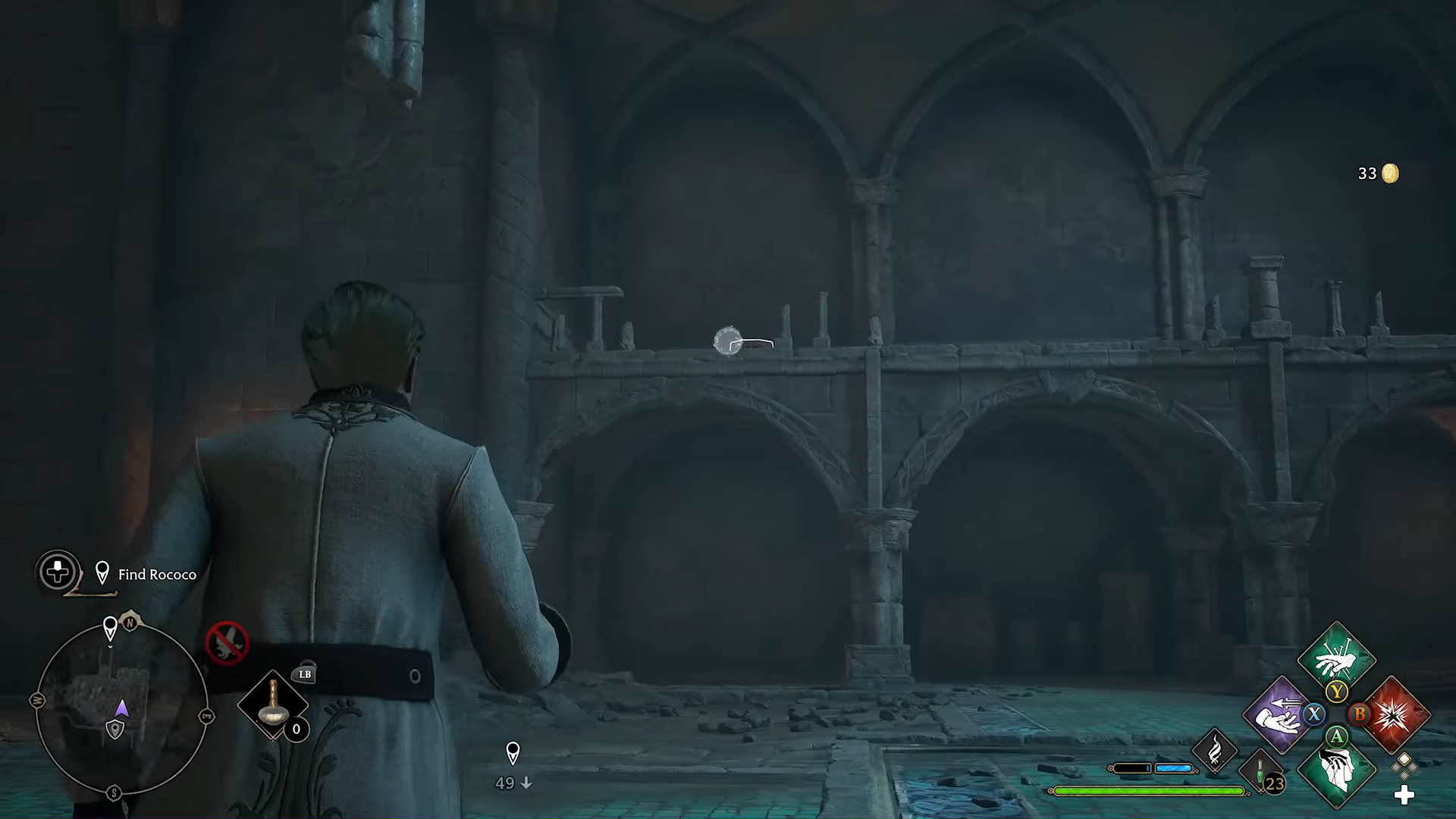 A wizard targeting a block on a balcony.