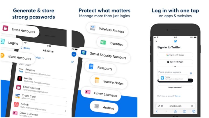 Capturas de tela do aplicativo 1Password 8 para iOS