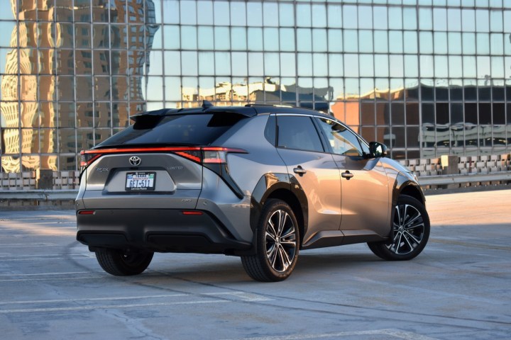 Rear three quarter view of the 2023 Toyota bZ4X.