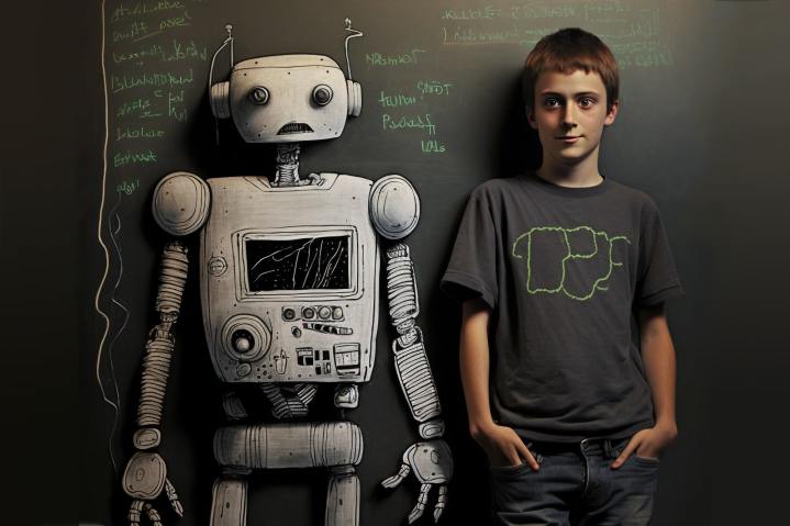 A Depiction Of A Student And His Robot Friend, Midjourney, In Front Of A Blackboard.