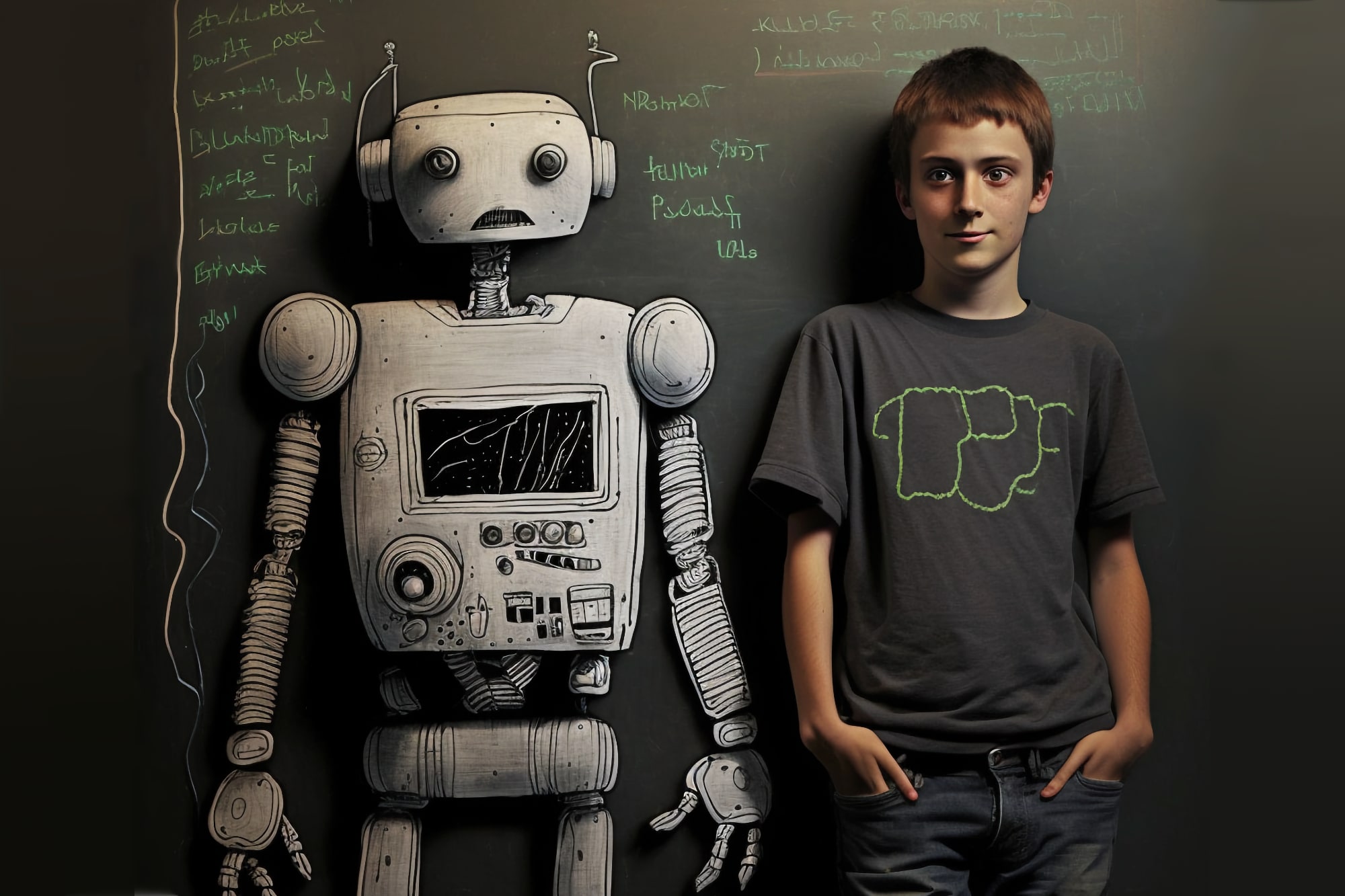 Uma renderização MidJourney de um aluno e seu amigo robô na frente de um quadro-negro.