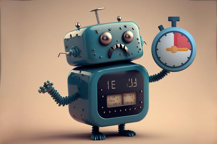 A sad robot holds a kitchen timer that's in the red.