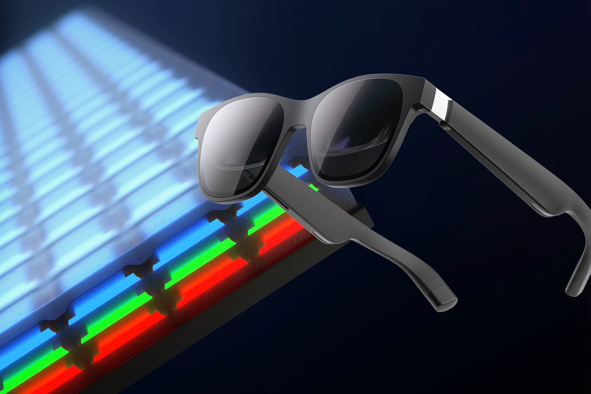AR Glasses appear over an enlarged view of a stacked microLED display.