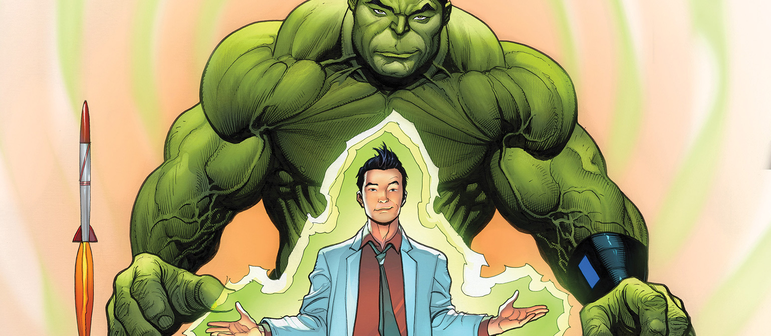 Amadeus Cho na capa de "The Totally Awesome Hulk #1".