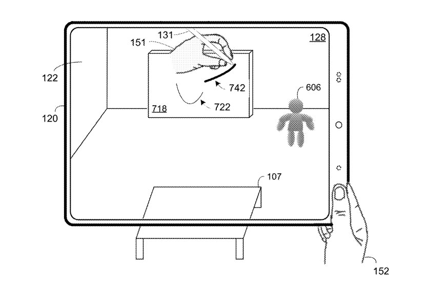 Uma imagem de uma patente da Apple mostrando a mão de uma pessoa segurando um tablet. Na tela está a mão do usuário segurando um Apple Pencil e desenhando uma linha em um objeto de realidade aumentada.