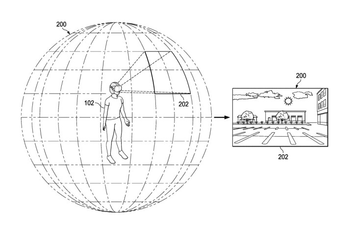 An image from an Apple patent showing a person wearing a mixed reality headset. This image shows how the user's viewport changes as they move their head.