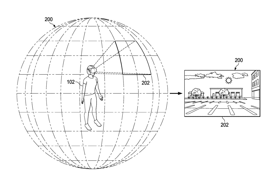 An image from an Apple patent showing a person wearing a mixed-reality headset. The image describes how a user's viewport could change as they move their head.