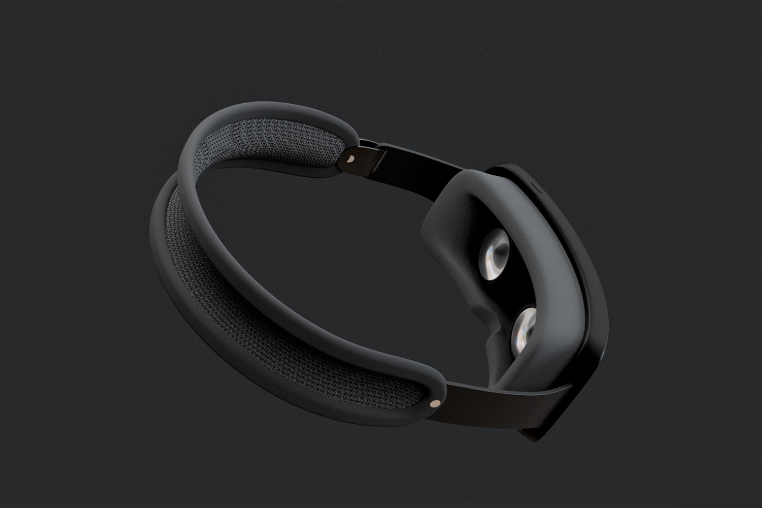A rendering of an Apple mixed-reality headset (Reality Pro) in a black color seen from behind.