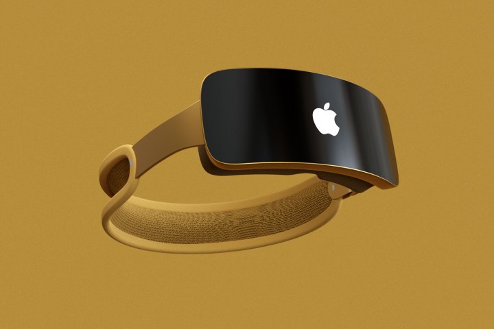 A rendering of an Apple mixed-reality headset (Reality Pro) in a gold color seen from the front.