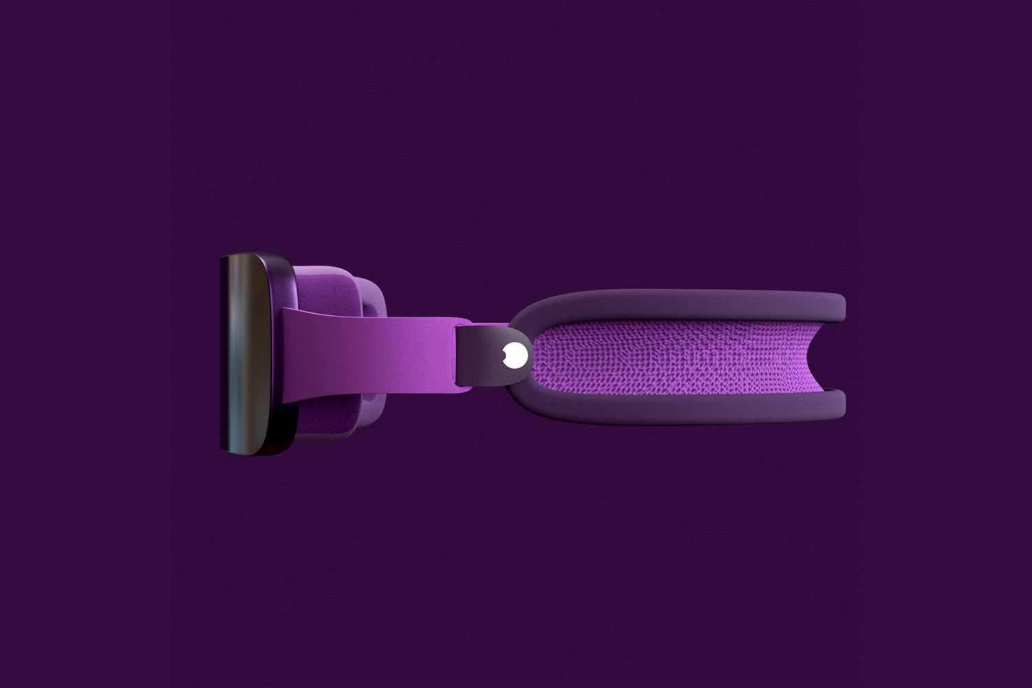 Uma renderização de um fone de ouvido de realidade mista da Apple (Reality Pro) em uma cor roxa visto de lado