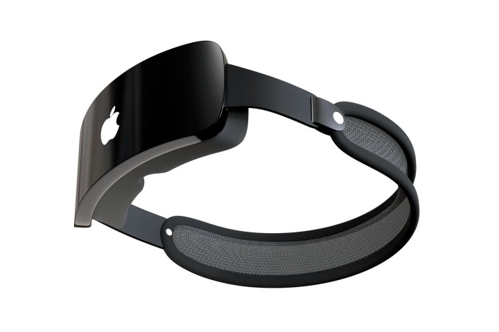 Uma renderização de um fone de ouvido de realidade mista da Apple (Reality Pro) em uma cor preta visto da parte frontal inferior.