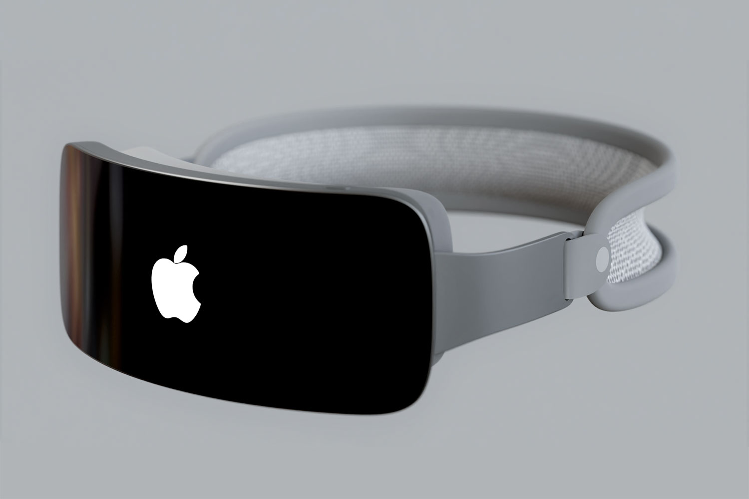 Uma renderização de um fone de ouvido de realidade mista da Apple (Reality Pro) em uma cor cinza visto de frente.