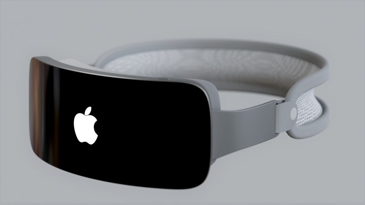 A rendering of an Apple mixed-reality headset (Reality Pro) in a gray color seen from the front.