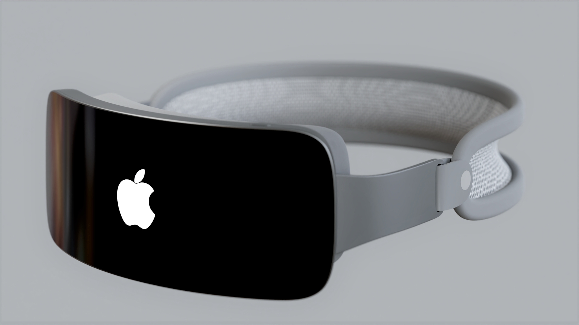 Uma renderização de um fone de ouvido de realidade mista da Apple (Reality Pro) em uma cor cinza visto de frente.