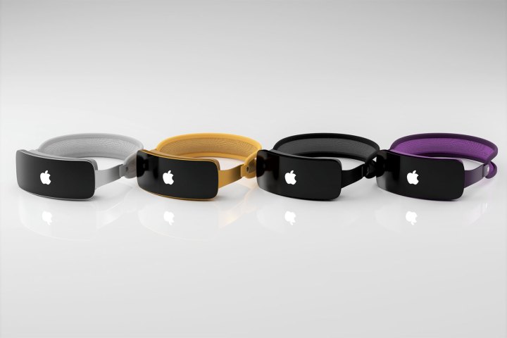 Una representación de cuatro auriculares de realidad mixta de Apple (Reality Pro) en varios colores sobre una superficie.