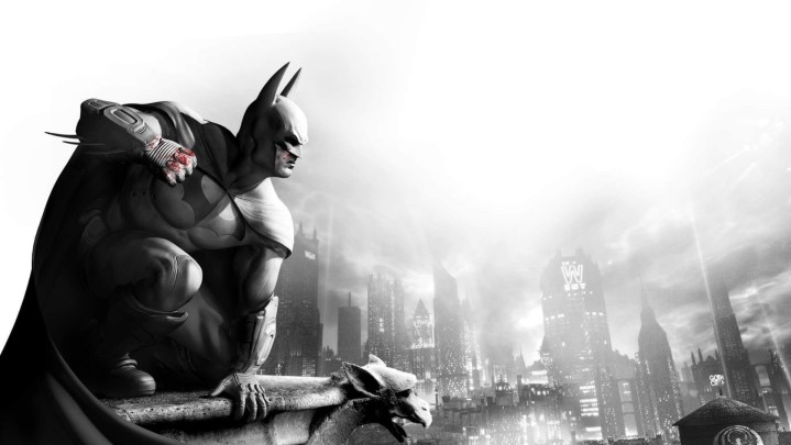 Batman empoleirado em cima de uma gárgula na arte promocional de Arkham City.