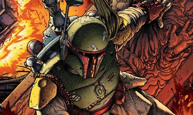 Boba Fett in action in cover art for War of the Bounty Hunters.