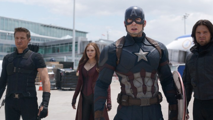 Captain America with his team in a still from Civil War.