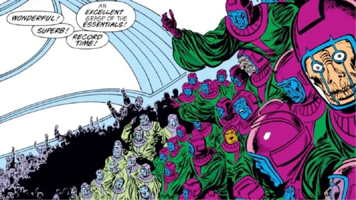 Um estádio cheio de Kangs em uma história em quadrinhos da Marvel.