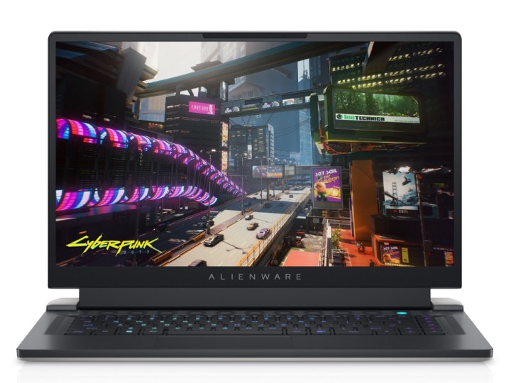Cyberpunk 2077 na tela do laptop para jogos Alienware x15 R2.