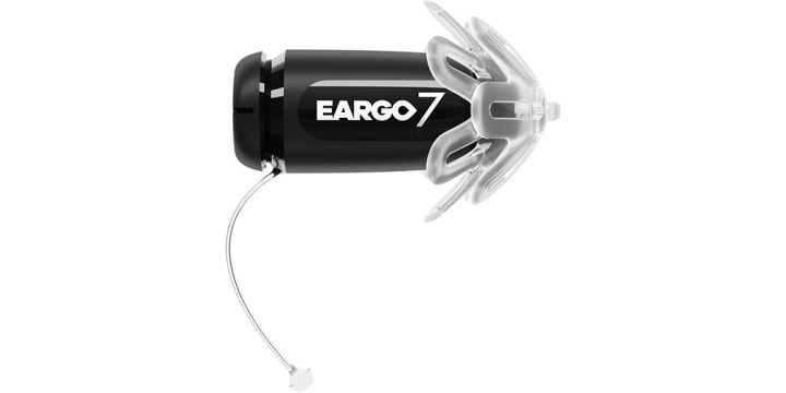Eargo 7 at a side angle on a white background.