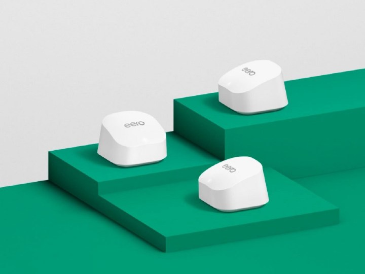 The Eero 6+ AX3000 Dual-Band Mesh Wi-Fi 6 System (3-pack) on green steps.
